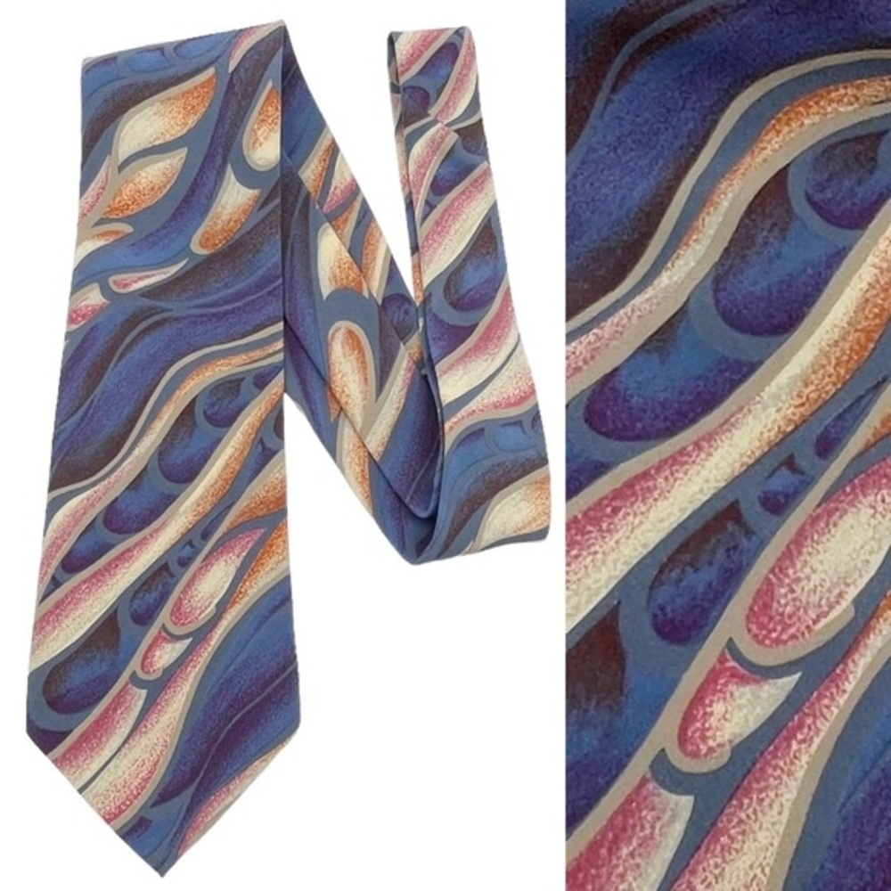 Hugo Boss 100% Silk Tie Vintage Blue Gold Pink Swirl Pattern Designer Necktie